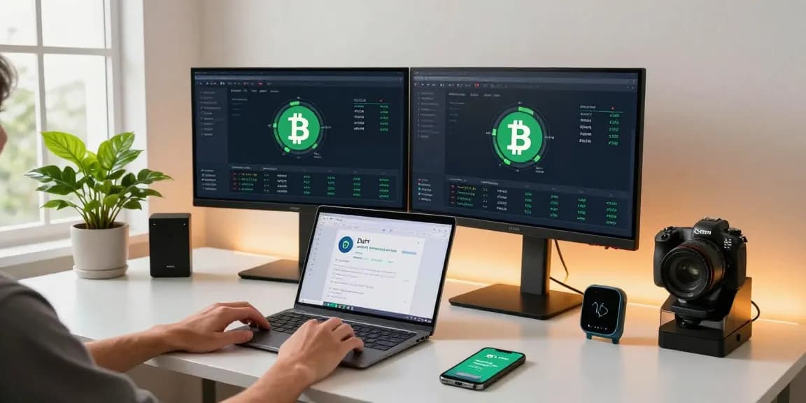 Sustainable bitcoin mining workspace featuring renewable energy metrics on dual monitors and eco-friendly tech setups in a modern office.
