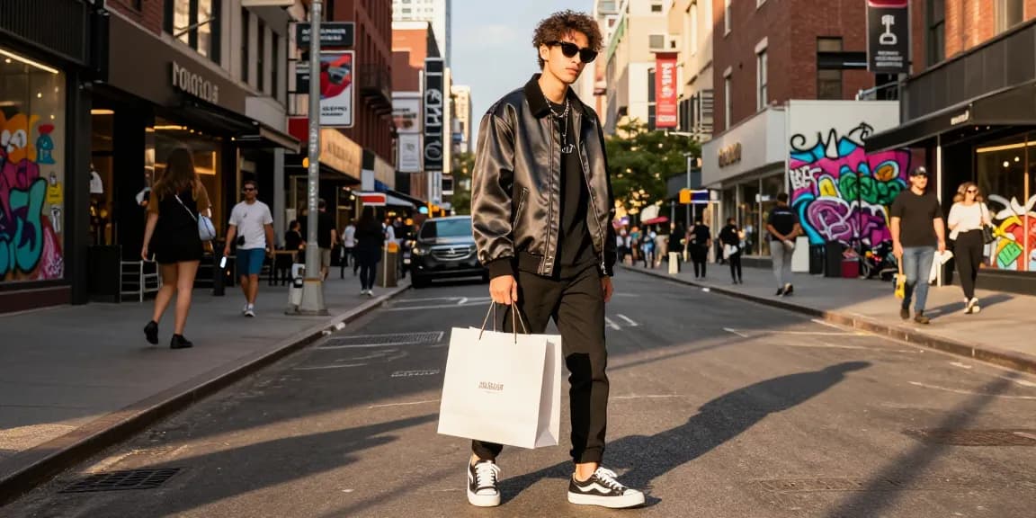 Stylish individual in 레플리카 outfit showcasing urban fashion against a vibrant city backdrop