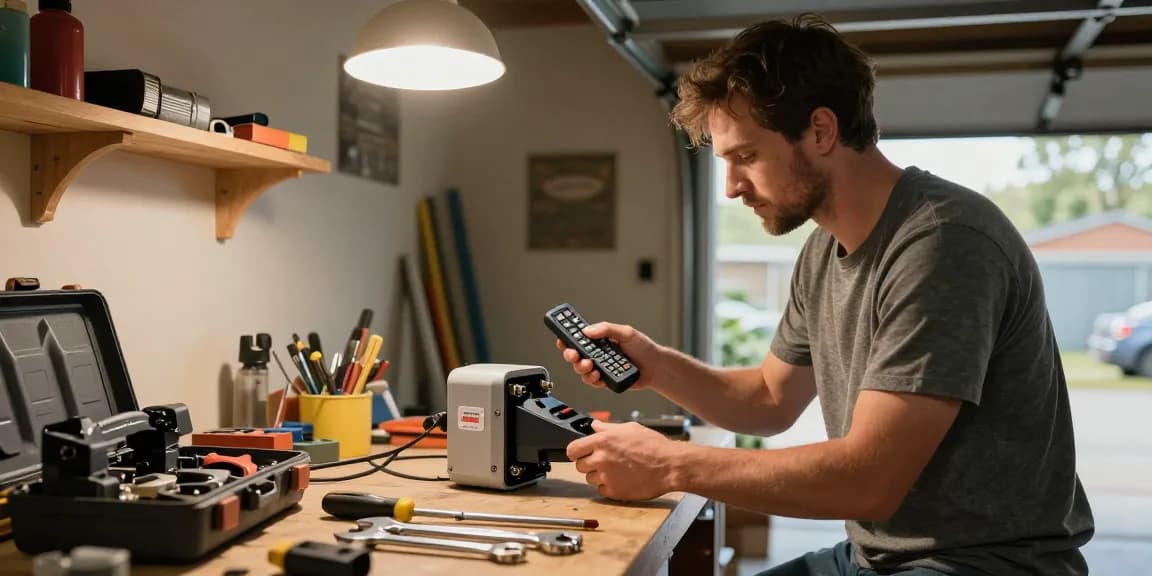 Mighty Mule gate opener common problems being fixed by a homeowner in a garage