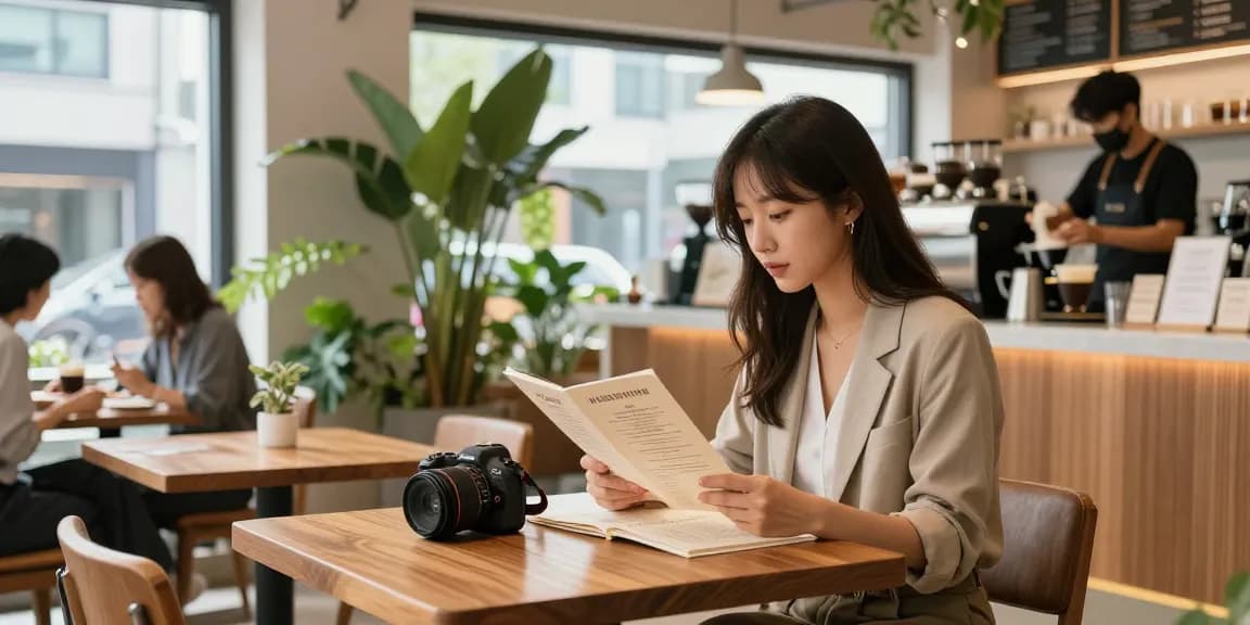 강남쩜오에서 활기찬 카페에서 메뉴를 보고 있는 여성의 모습