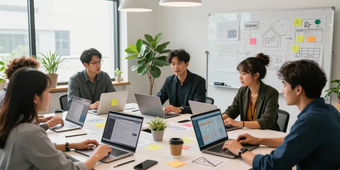 Social media ad templates being discussed in a modern office.