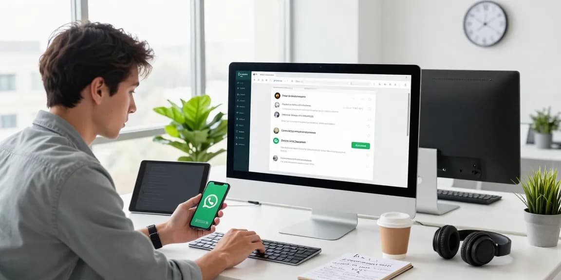 An engaged professional using WhatsApp網頁版 on a desktop, surrounded by tech gadgets and a bright office environment.