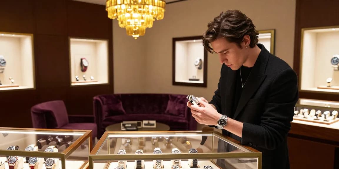Examining Rolex super clone watches in a luxurious jewelry store setting with elegant timepieces.