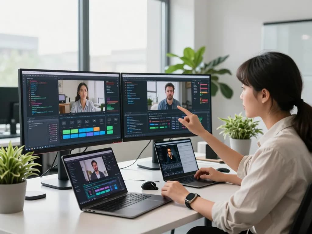 Video to prompt ai workspace with professional analyzing video content using AI text prompts in a bright tech office.
