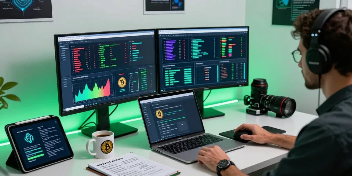 Cybersecurity expert working to recover stolen cryptocurrency in a modern digital workspace, focused on blockchain data analysis.