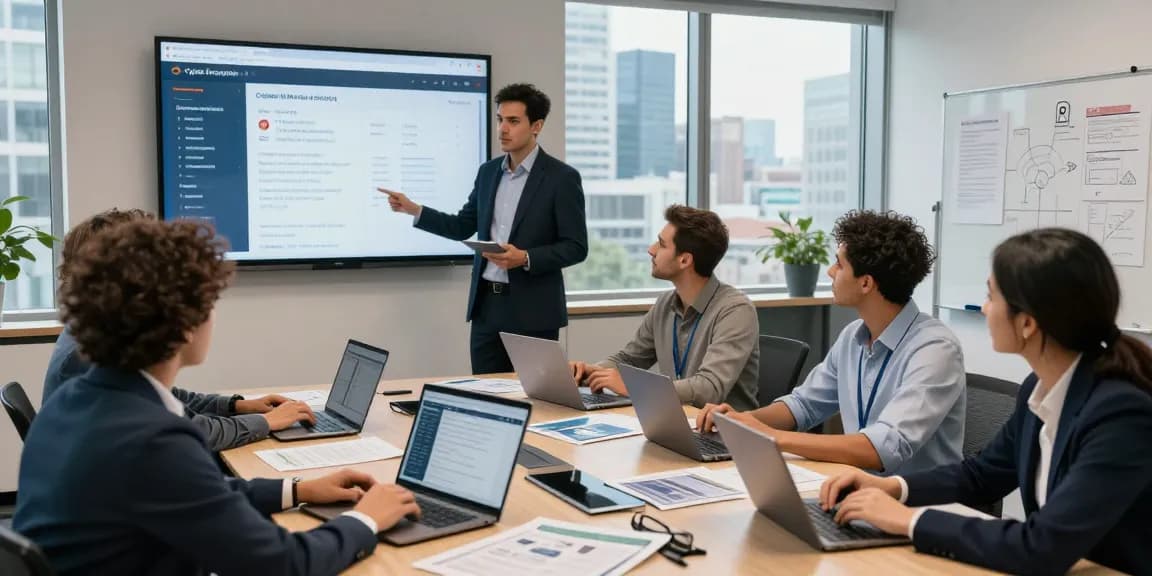 Cyber Essentials quote collaborative cybersecurity team discussing certification strategies around a conference table in a modern office
