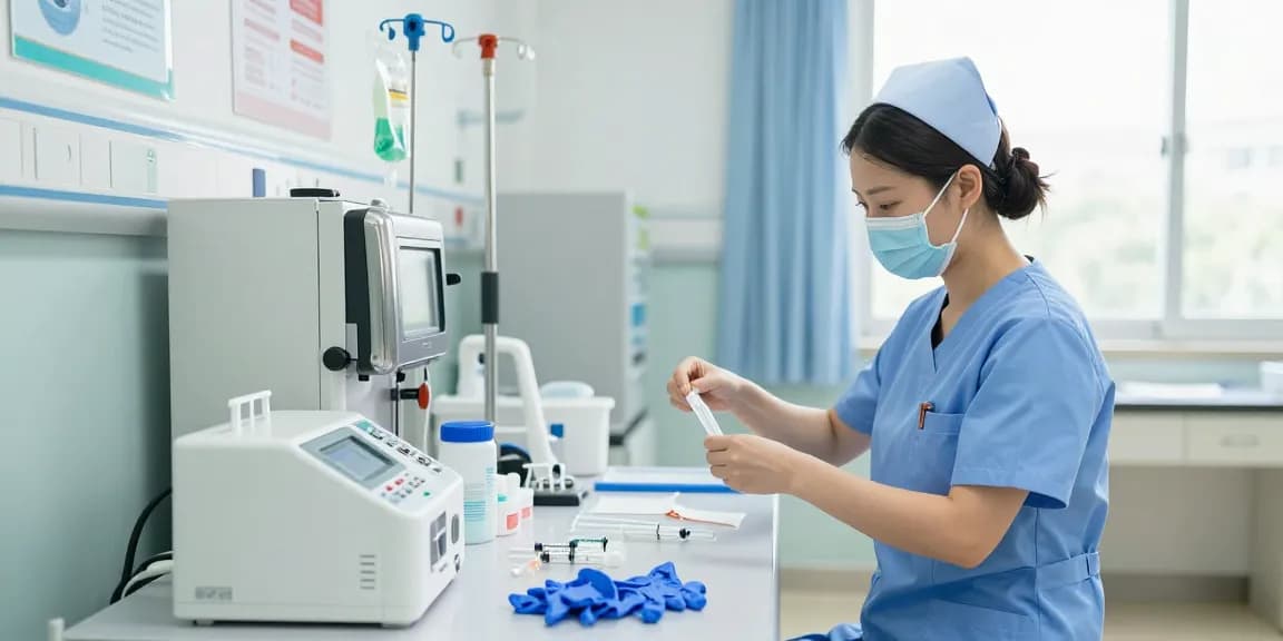 Preparation of disposable medical devices in a clean healthcare setting, showcasing essential tools and safety standards.