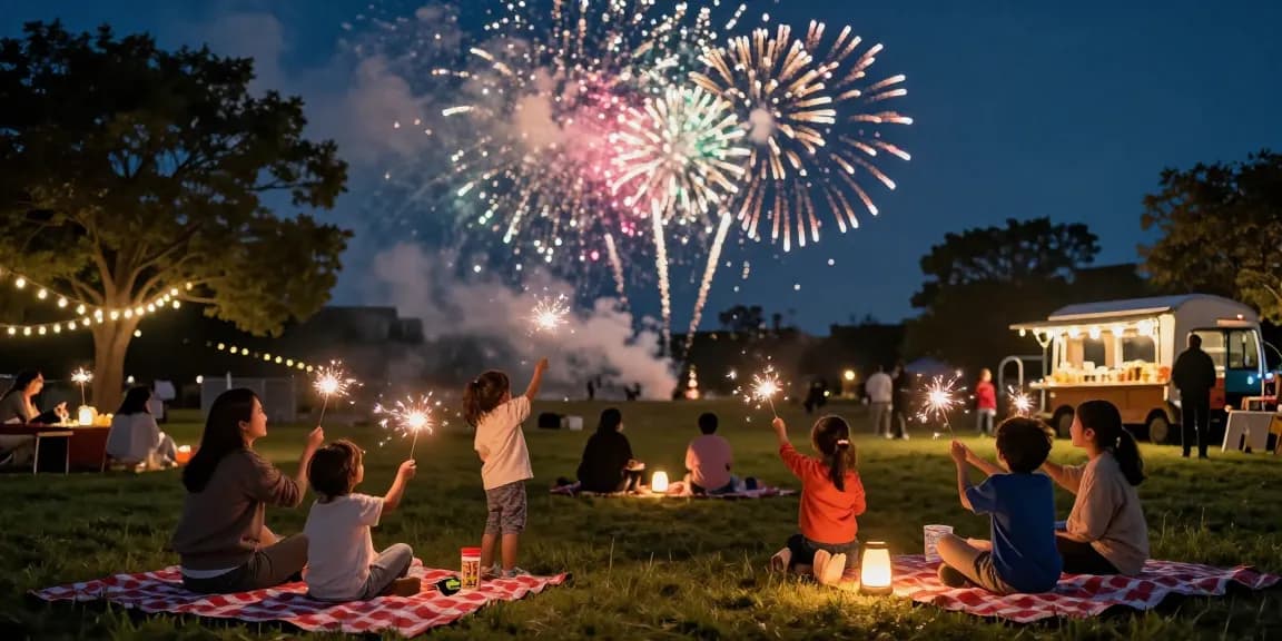 Colorful fireworks for sale lighting up the night sky during community celebration, families enjoying the display.