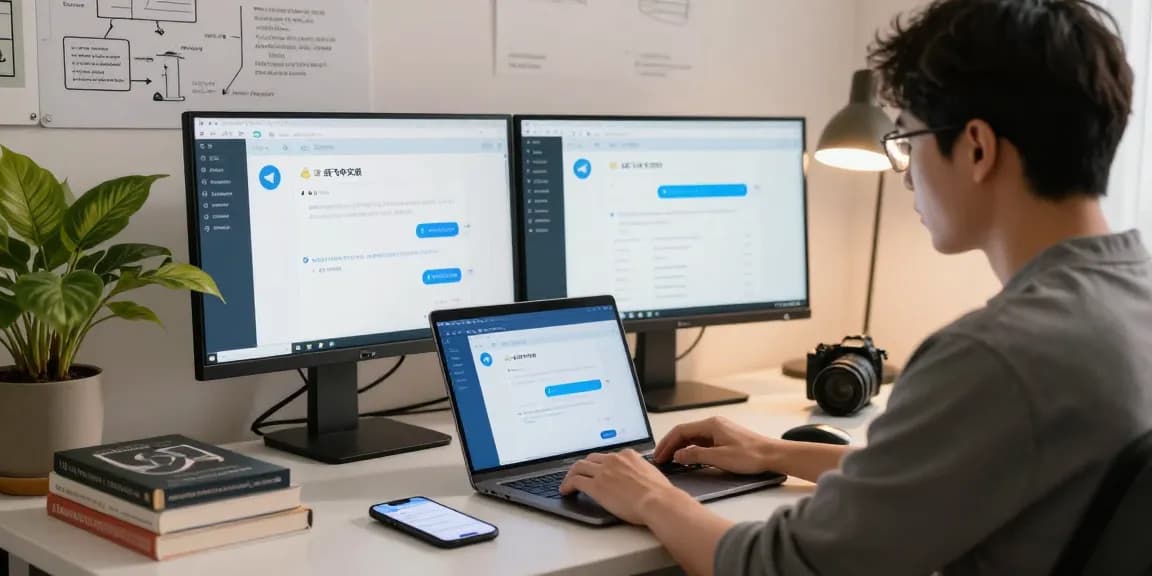 Person using the 纸飞机中文版 app on a laptop in a modern home office environment.