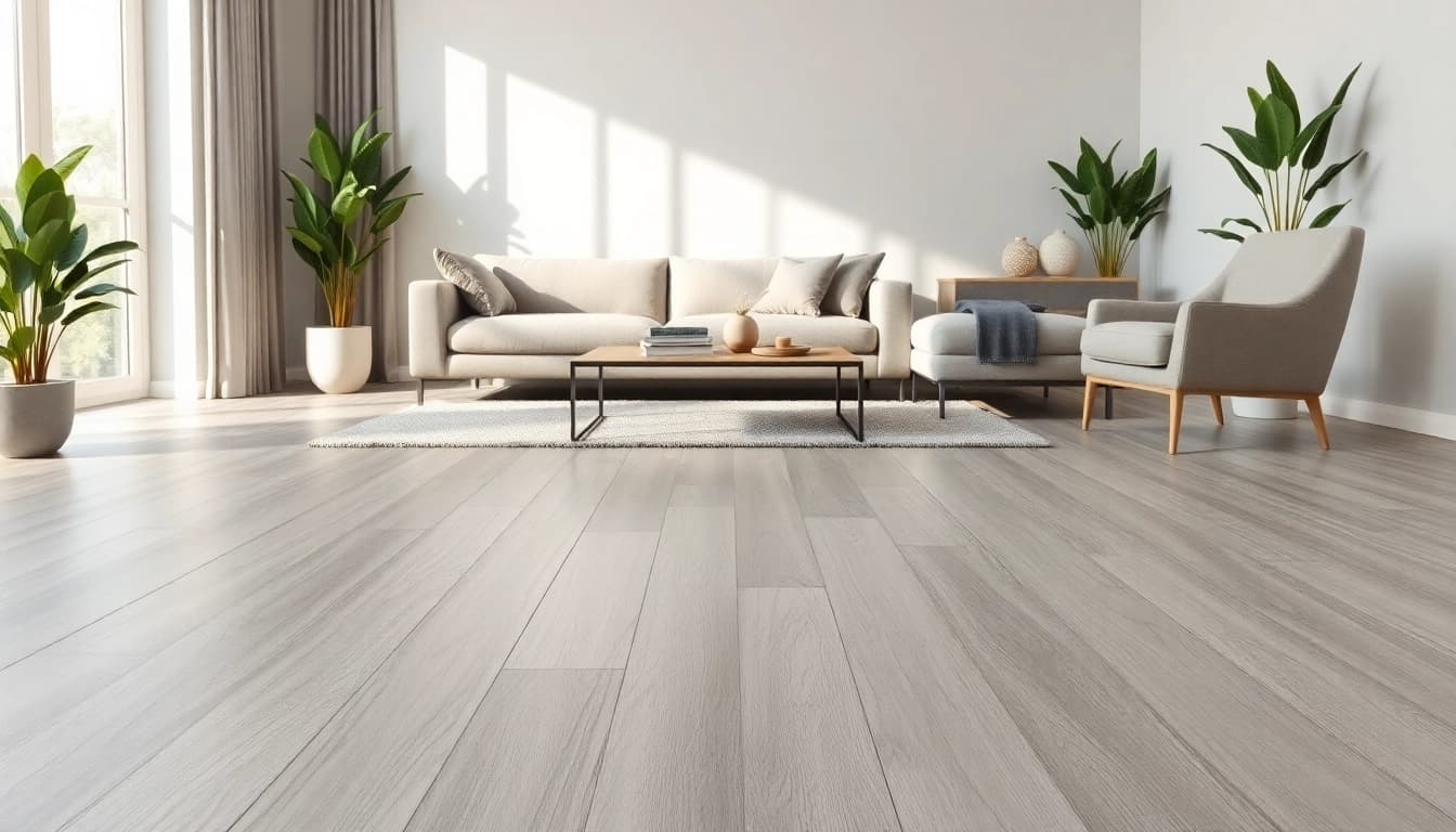 Showcase of grey vinyl flooring in a modern living room with natural lighting and elegant decor.