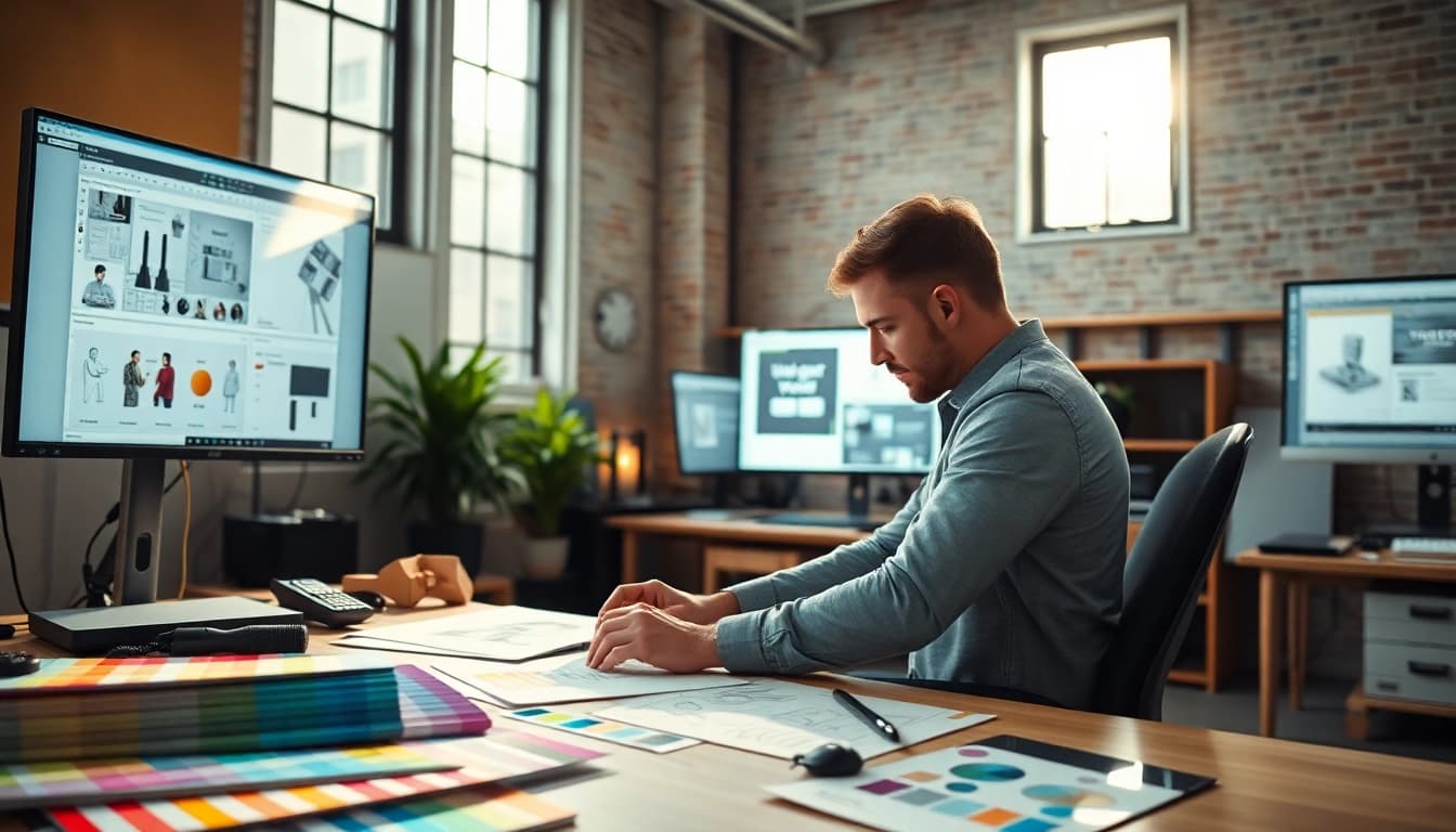 Creating innovative designs at https://bestdesignersintheworld.com/ with a vibrant studio setup.