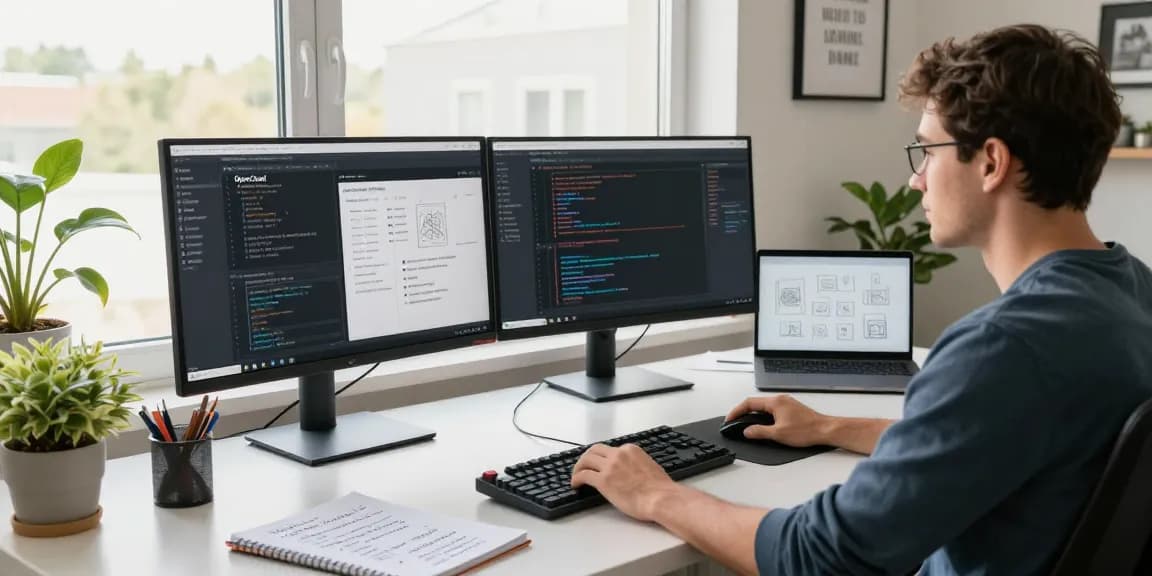 OpenClawd software development workspace featuring dual monitors and modern design elements for enhanced productivity.