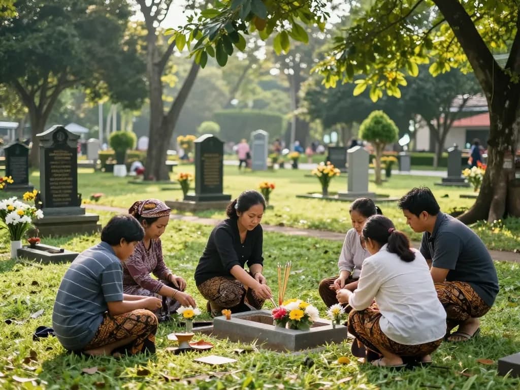 Jual lahan makam Jogja, family honoring loved ones in serene memorial park.
