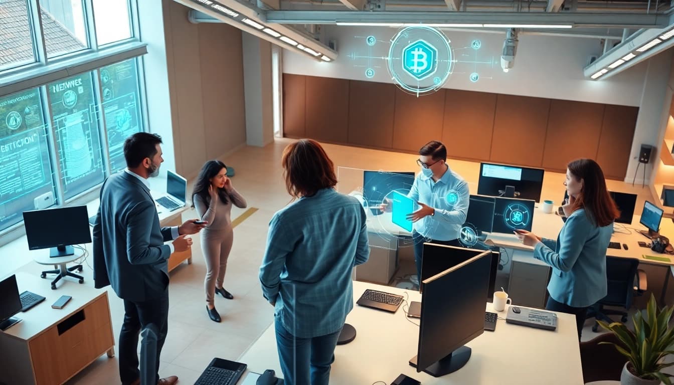 EORMC team collaborating on AI blockchain solutions in a futuristic workspace.