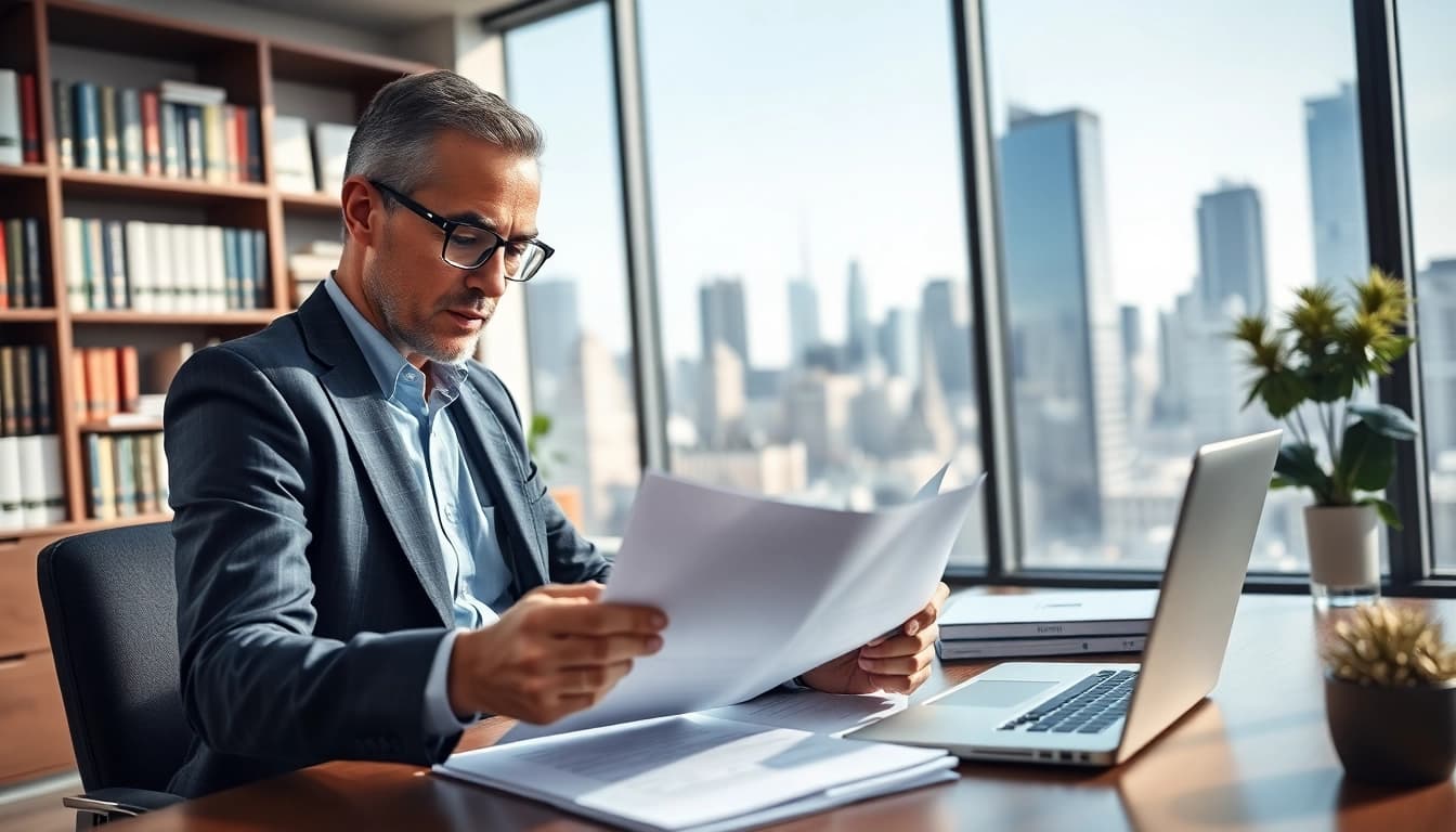 Consultant analyzing contracts and grants in a modern office setting, showcasing professionalism.