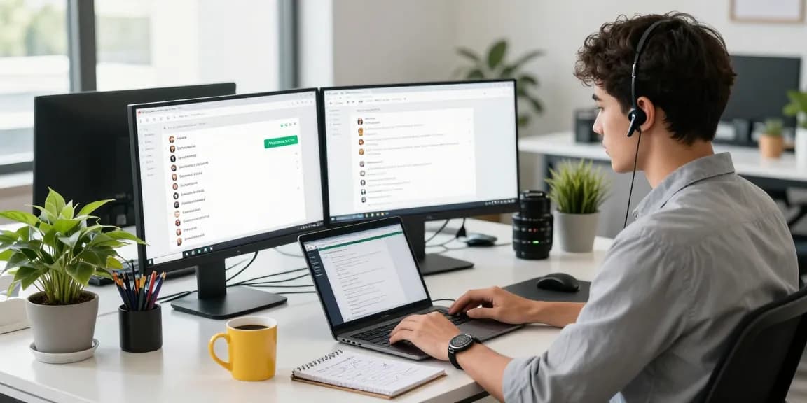 Young professional using WhatsApp網頁版 in a modern tech workspace.