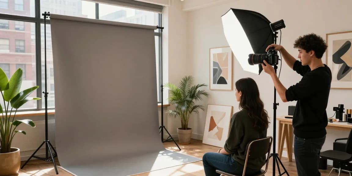 Un fotografo di ritratto a Milano cattura un ritratto professionale in uno studio elegante.