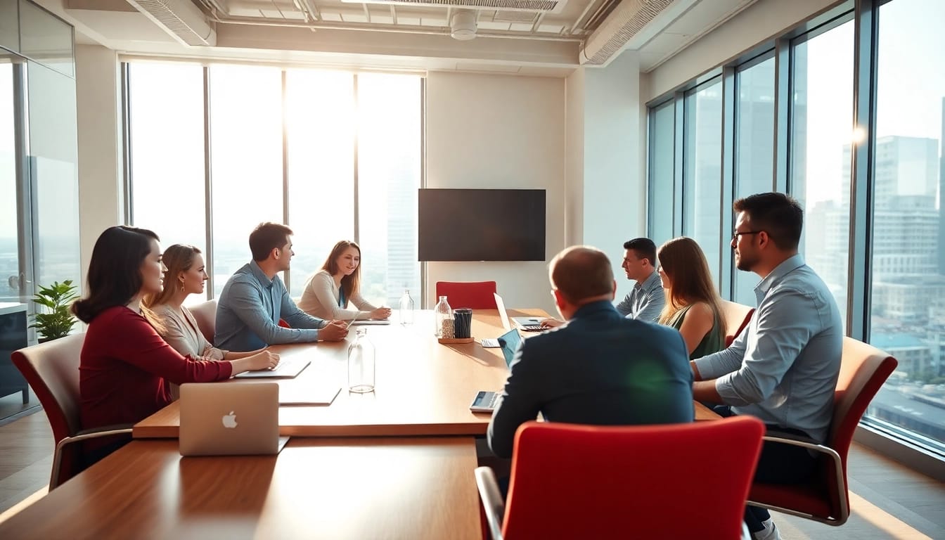 Besprechung bei https://alvionz.de/ in modernem Büro mit vielfältigen Teilnehmern