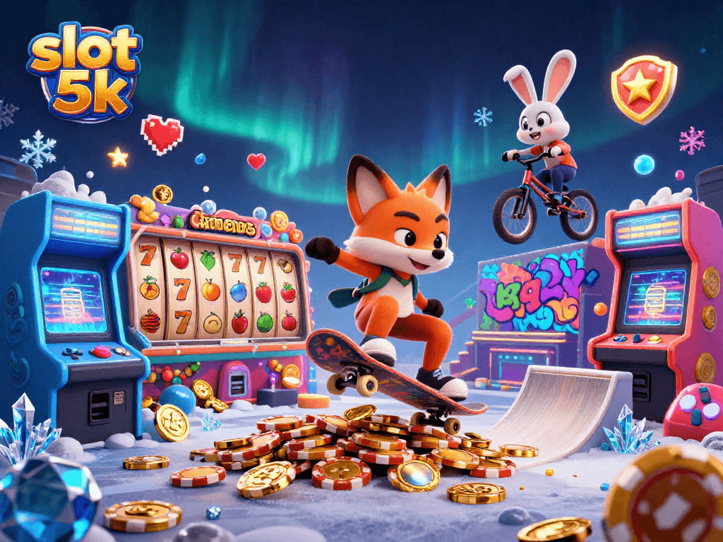 Experience thrilling gameplay with slot 5k, featuring vibrant slot reels, animated characters, and casino elements.
