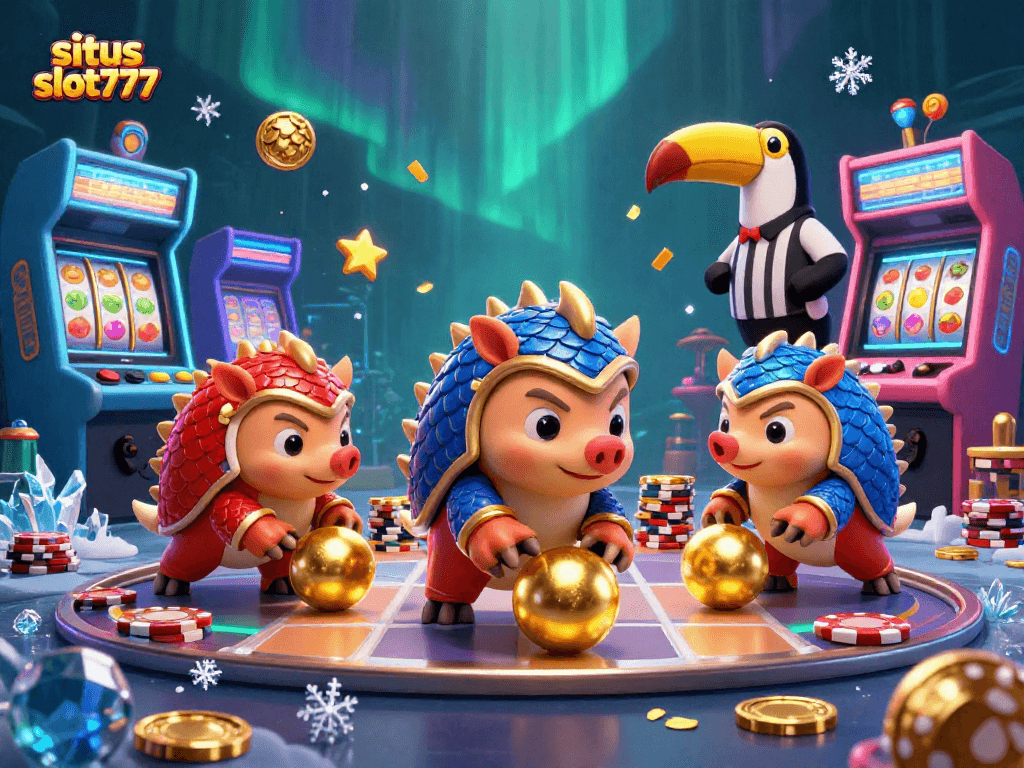 Play exciting slots with situs slot777 featuring rival pangolins in a vibrant casino scene.
