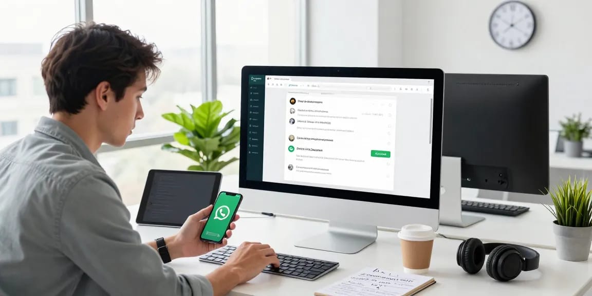 An engaged professional using WhatsApp網頁版 on a desktop, surrounded by tech gadgets and a bright office environment.