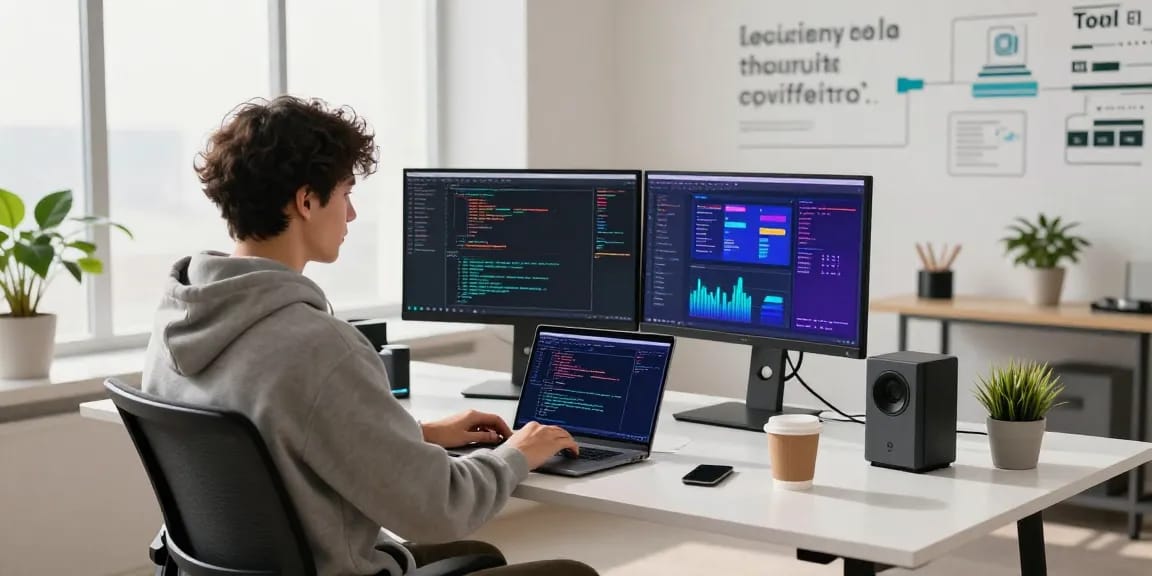 Young professional coding at a modern tech workspace featuring the 纸飞机中文版 app on-screen.