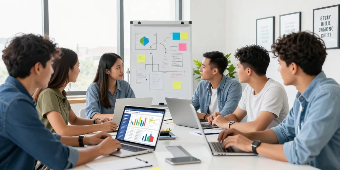 Marketing team collaborating on strategies for facebook ad agency accounts in a modern office environment.
