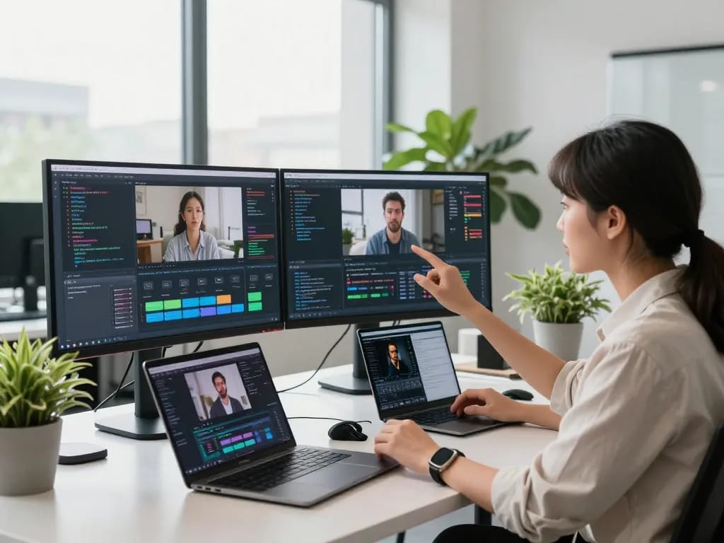 Video to prompt ai workspace with professional analyzing video content using AI text prompts in a bright tech office.