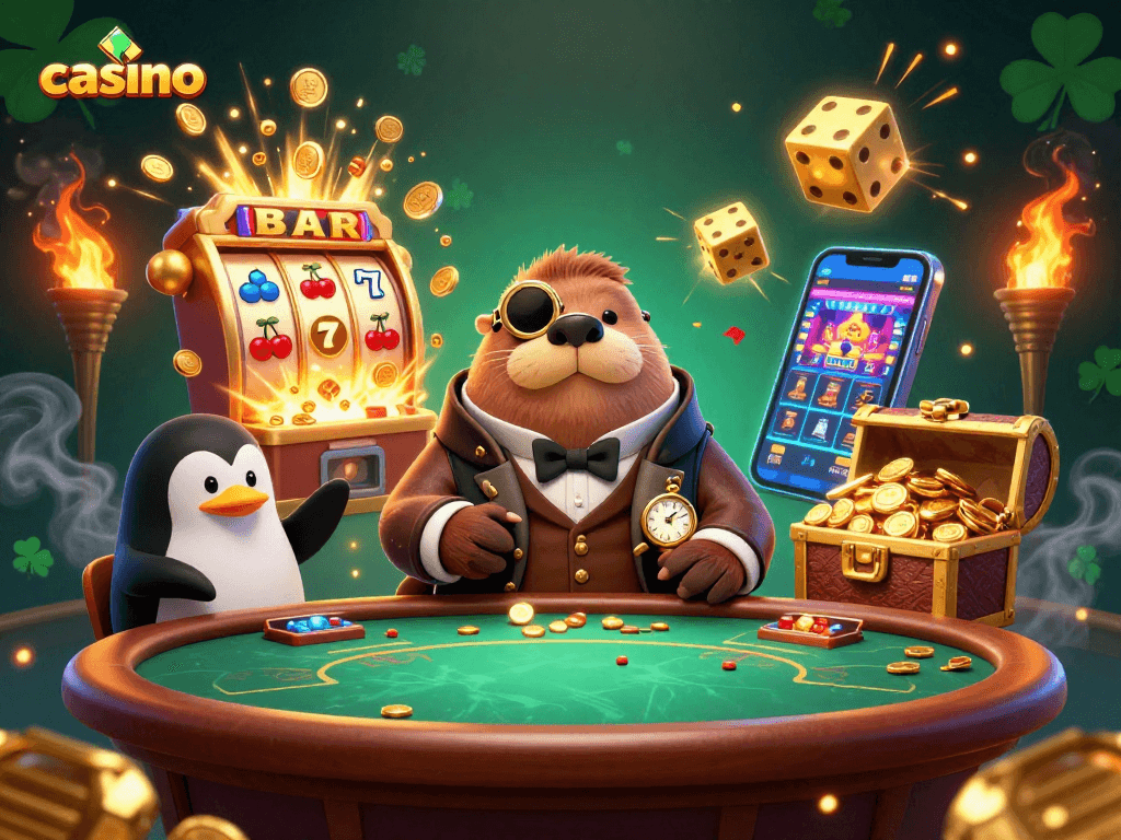 Experience casino excitement at an underwater poker table with jolly walrus and characters.
