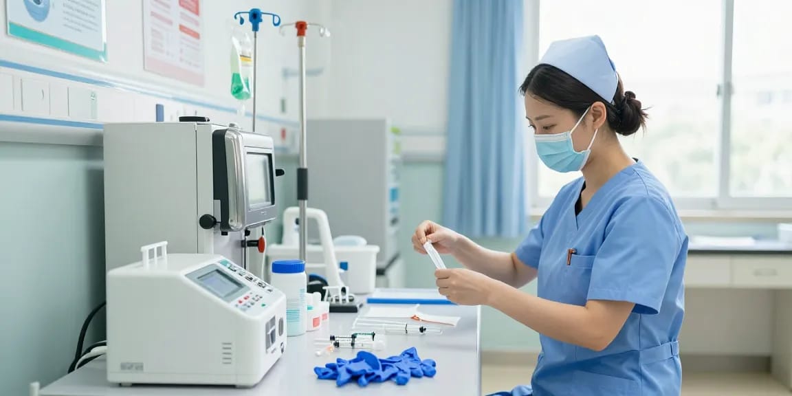 Preparation of disposable medical devices in a clean healthcare setting, showcasing essential tools and safety standards.