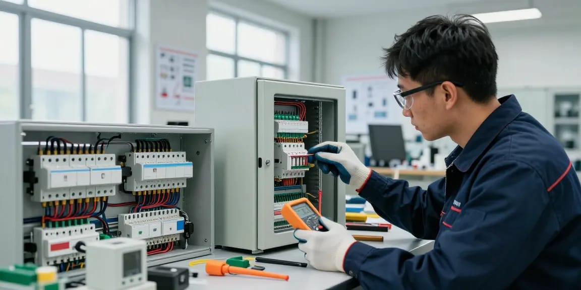 Technician inspecting a panel switch installation in an industrial workshop, showcasing electronic control elements.