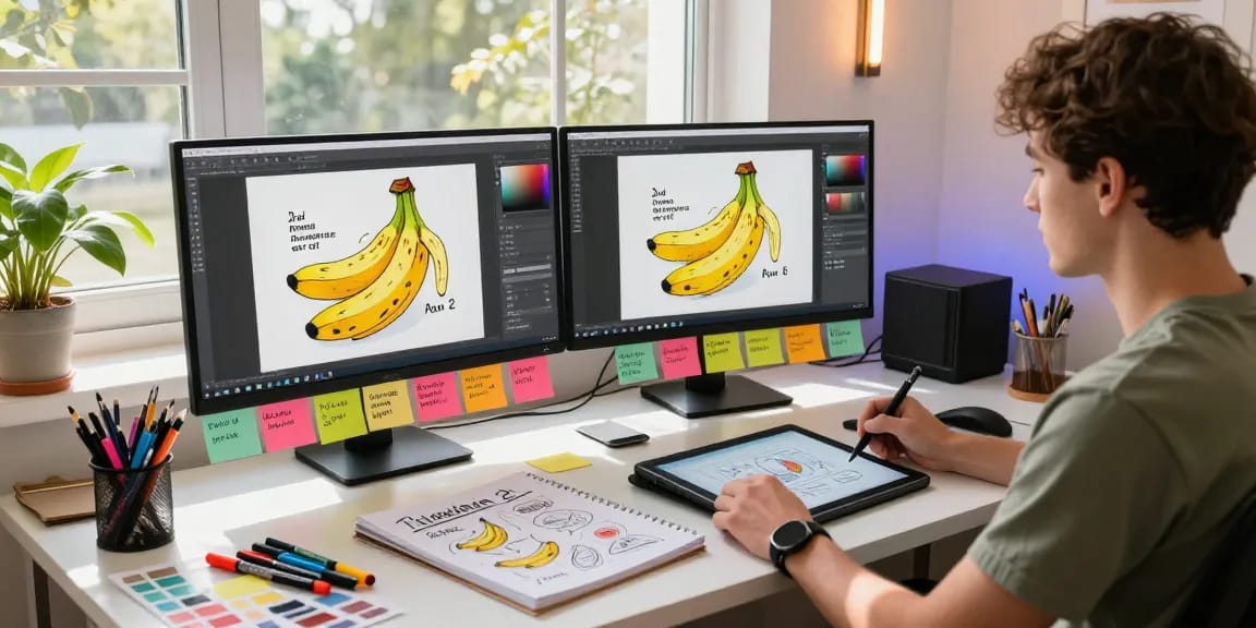 Artist editing vibrant images using nano banana 2 in a bright digital art studio