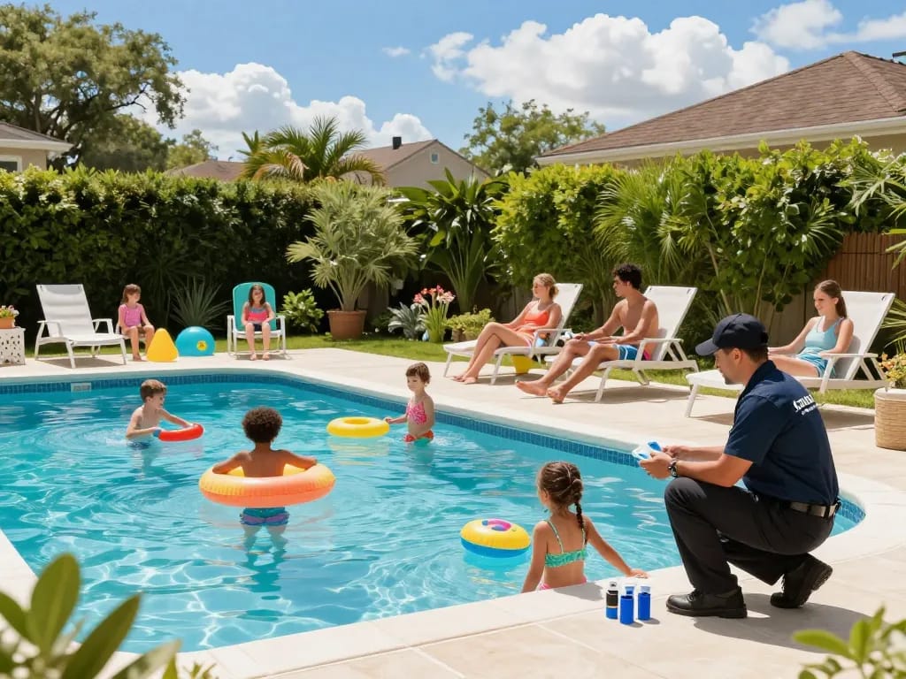 Dolphin Pool Services maintenance technician checking equipment while a family enjoys their pool on a sunny day.