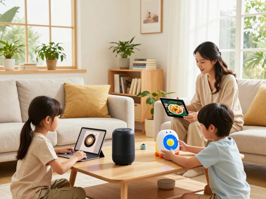 Engaging family scene using various tech gadgets for home, including a smart speaker and tablet, in a cozy living room.