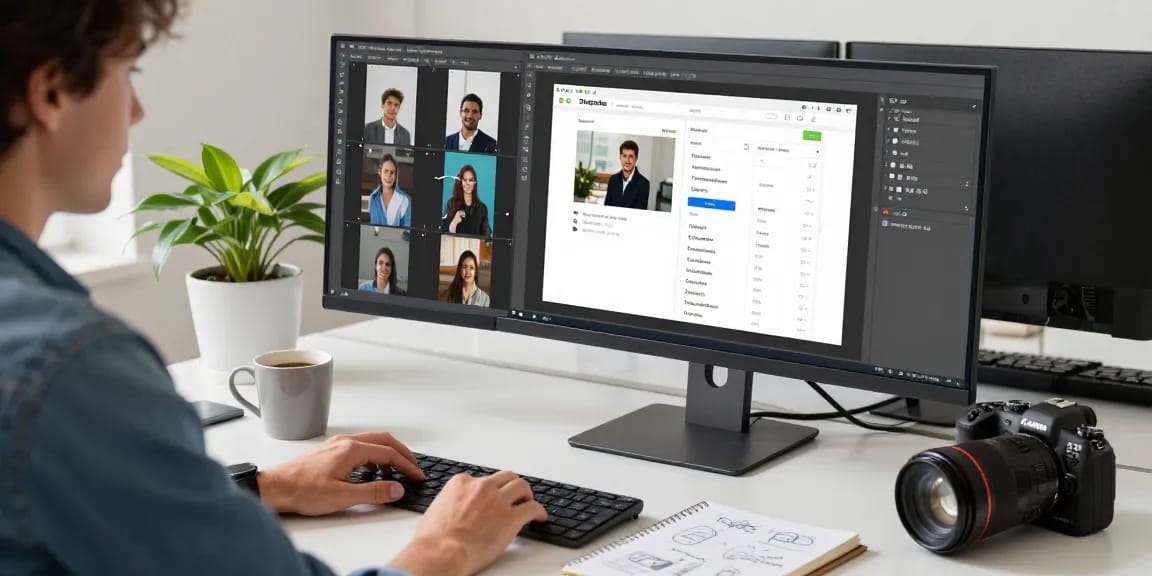 Person using 截图软件 on dual monitors in a modern workspace, showcasing screenshot annotations and design elements.