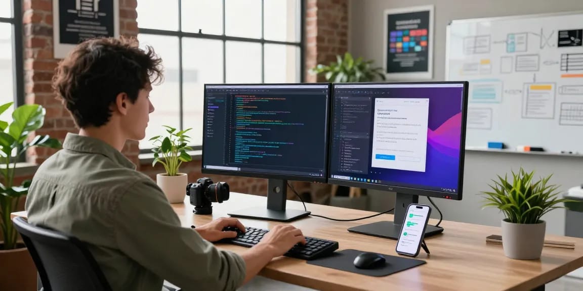 Professional workspace of a developer showcasing vibrant code, aligned with teiegramin.com highlights.