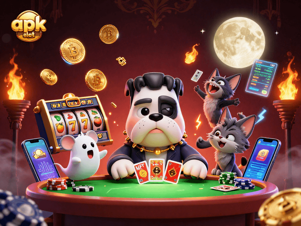 Menangkan jackpot di apk slot dengan gambar slot menggoda, dadu, dan kucing serigala!
