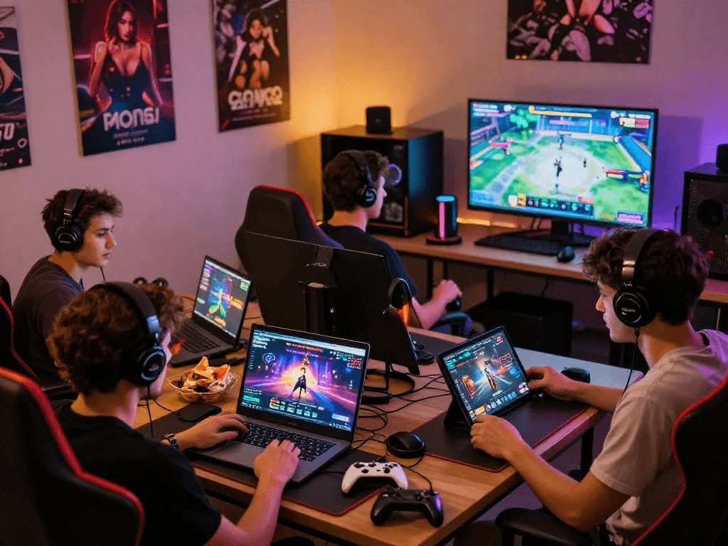 Players enjoying various porngames on their devices in a vibrant gaming lounge atmosphere.