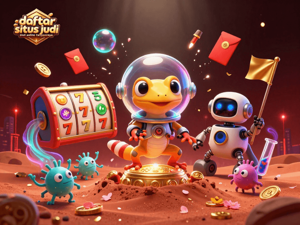 Daftar situs judi slot online terpercaya menampilkan gecko Martian dan robot menjelajahi kasino emas.