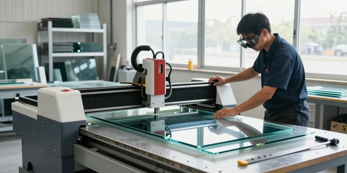 CNC glass cutting machine in action, technician operating with precision in a well-lit workshop environment.