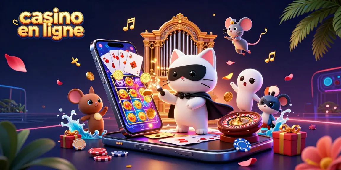 Jouez à casino en ligne avec un chat en costume au pipeau, une souris acrobate, et des jeux de cartes animés.