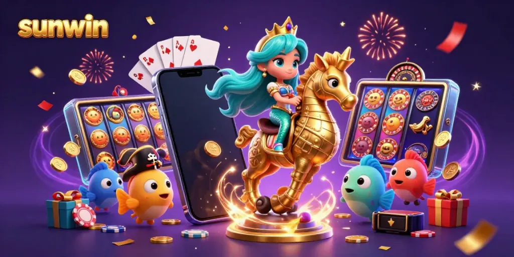 Win big with sunwin’s vibrant 3D casino illustration featuring characters and game elements.