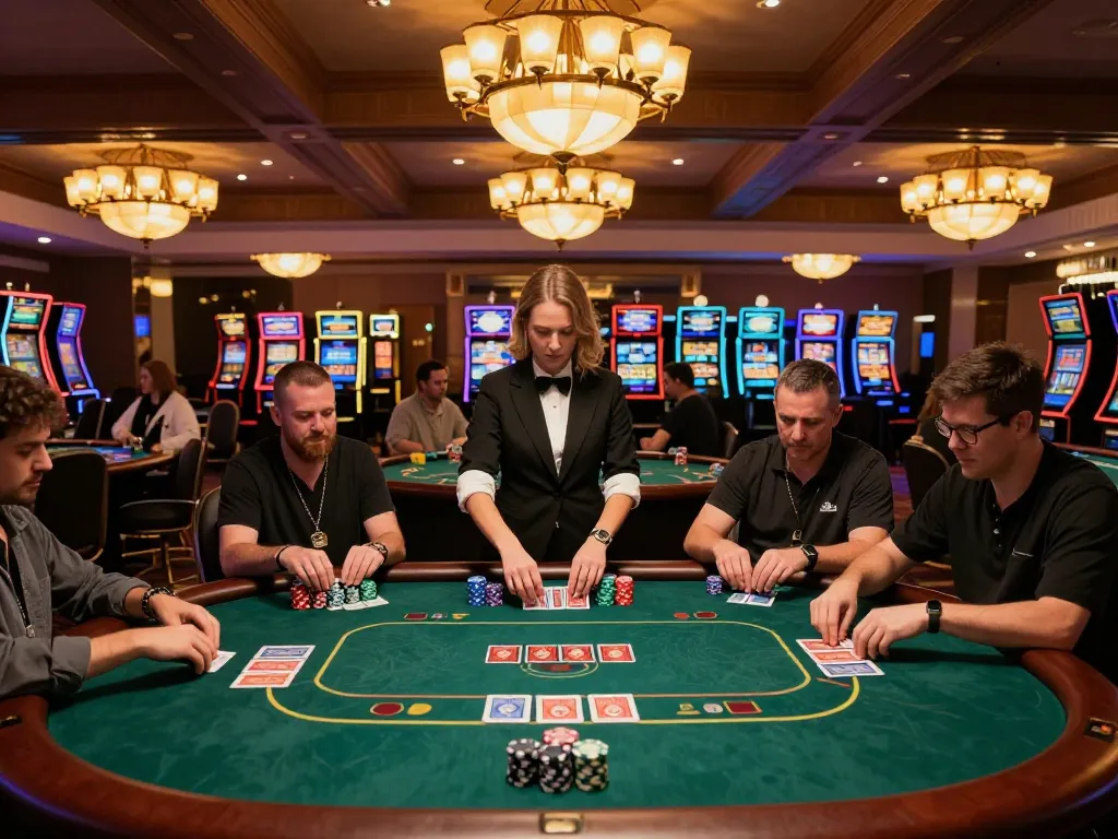 ilvidx casino floor with players at poker tables showcasing engaging gameplay and ambient lighting