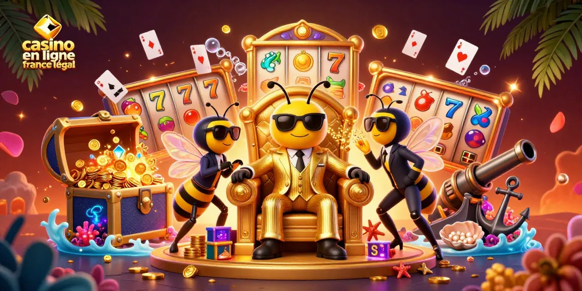Illustration dynamique de casino en ligne légal en France avec un boss de la mafia abeille et des jackpots éclatants