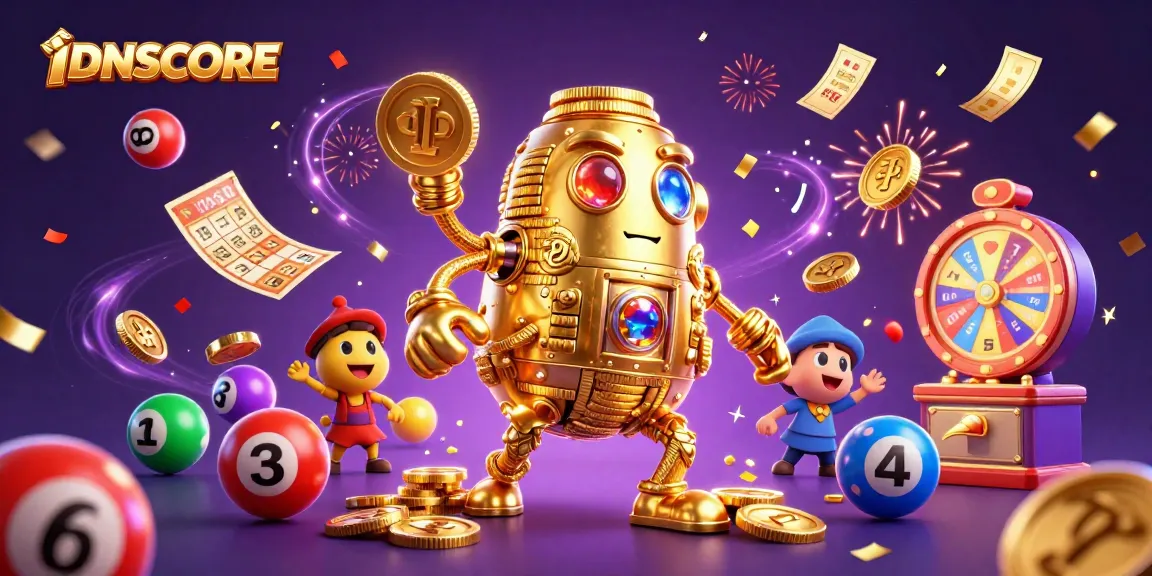 Experience IDNSCORE's exciting gaming universe with vibrant lottery elements and a captivating golden golem!