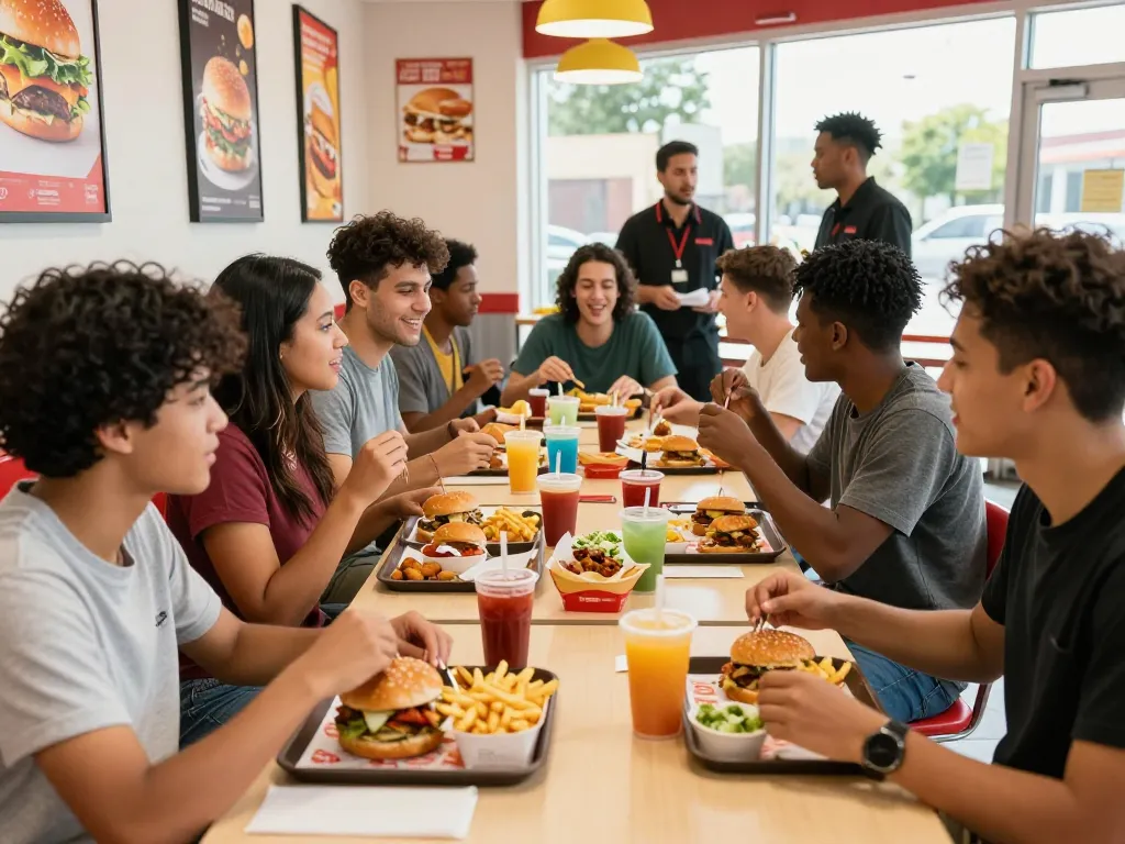 Fast food menu items enjoyed by friends in a lively restaurant scene