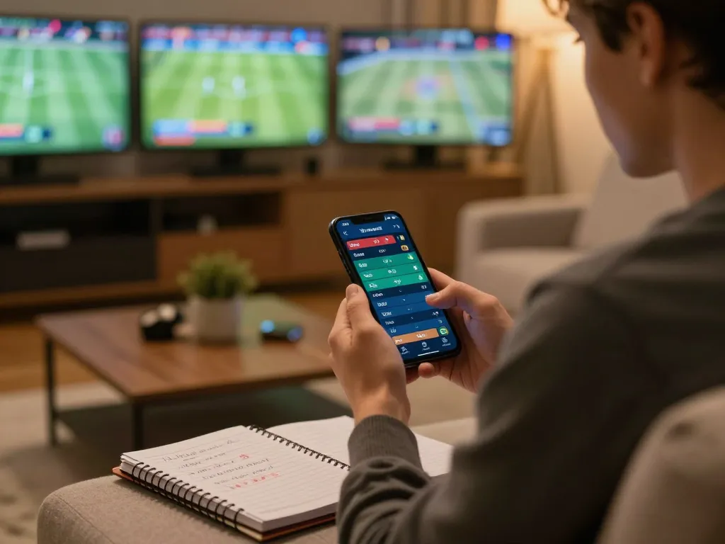Engaged bettor using the tylekeonhacai88 app for informed sports betting at home, highlighted by strategic notes
