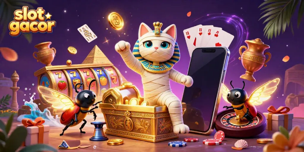 Engage in thrilling slot gacor action with an Egyptian mummy cat and dynamic casino elements.