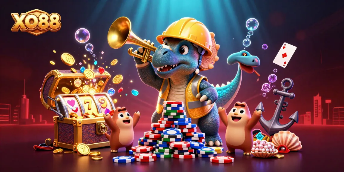 Enjoying exciting games at XO88 with a vibrant scene of a 3D triceratops and casino elements.