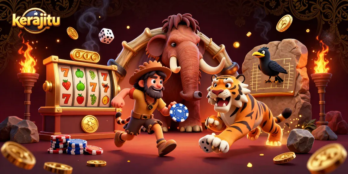kerajitu features a prehistoric casino with a caveman and tiger duo engaged in lively gaming, surrounded by dynamic slot elements.